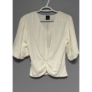 W5 Anthropologie White Twist Front Lace Puff Sleeve Top Women's Medium Sample